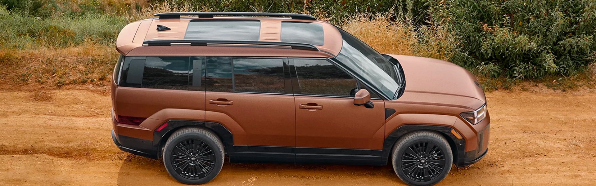 Side profile of copper-colored SUV with black alloy wheels parked on a dusty road surrounded by dry grass and greenery