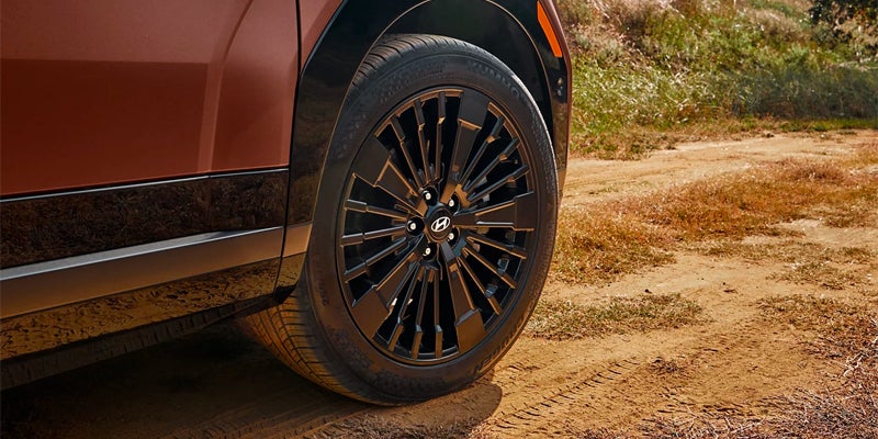 Close-up of black alloy wheel on a copper SUV parked on a dirt path