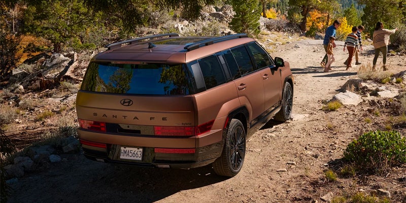 Rear view of copper SUV driving on a rocky off-road trail surrounded by trees
