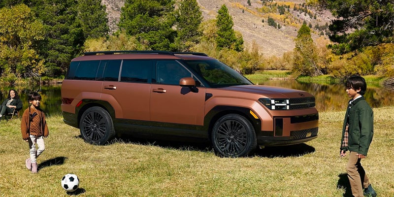 Side view of copper SUV parked on grassy field with mountains in the background