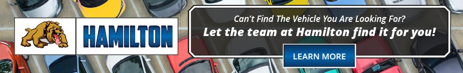 Promotional banner for Hamilton automotive dealership featuring a bulldog logo